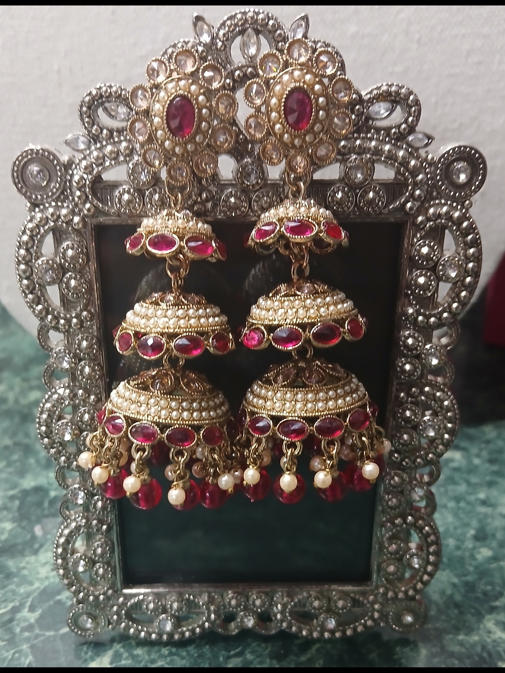 Elegant Gold-Tone Jhumka Earrings with Pink Stones